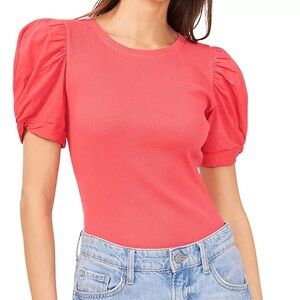 Nordstrom - 1. State Cotton Hot Pink Puff-Sleeve Ribbed Top